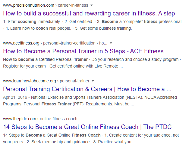 Google search results for fitness trainer