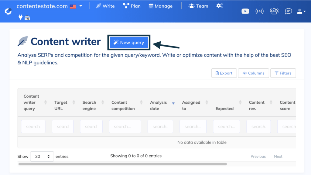 Creating new query in NeuronWriter
