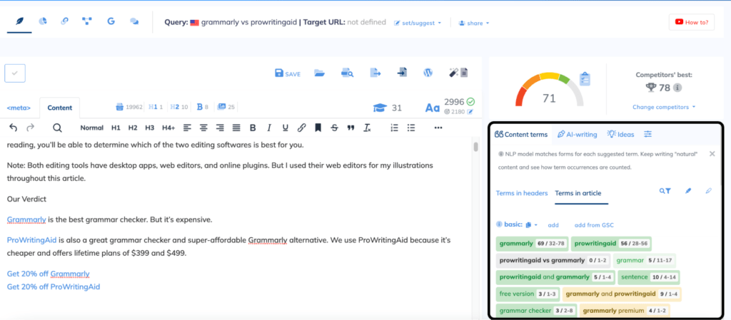 NeuronWriter content terms