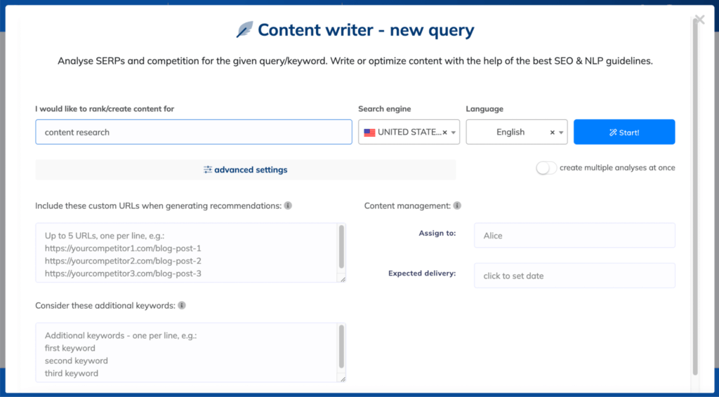 content writing query set up
