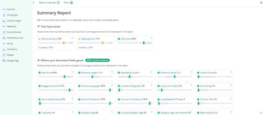 ProWritingAid summary report