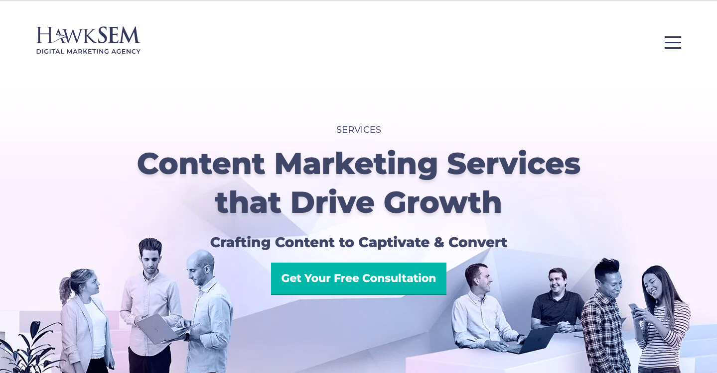 Homepage of the B2B content marketing agency, Hawksem