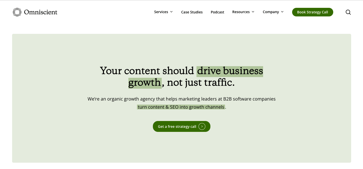 Homepage of the B2B content marketing agency, Omniscient