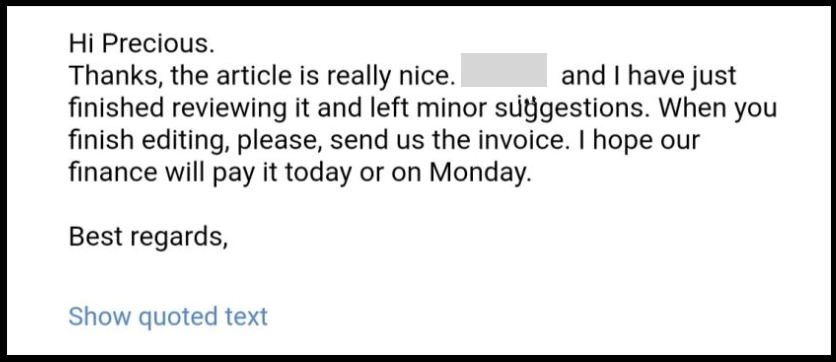 Client feedback about our article